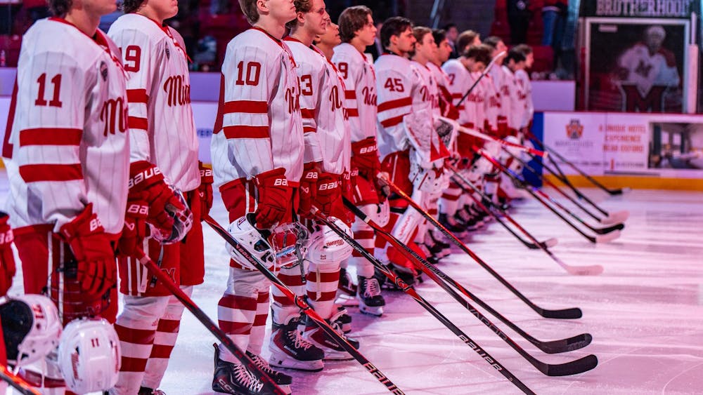 The Miami hockey team lines up at Goggin Ice Center before the game against Arizona State on Nov. 1