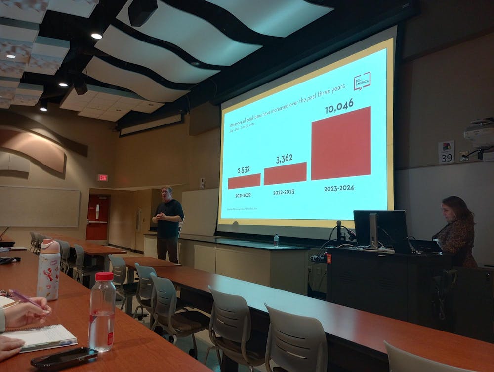 �������������������������������Brendan Kiely presents a graph showcasing the increase in book bans over the last three years at his lecture on Oct. 15. 