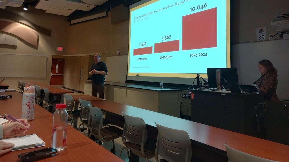 Brendan Kiely presents a graph showcasing the increase in book bans over the last three years at his lecture on Oct. 15.