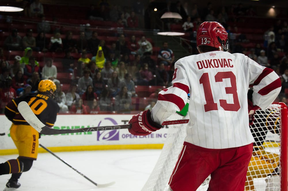 Max Dukovac skates against Arizona State University at home in the 2023-24 season