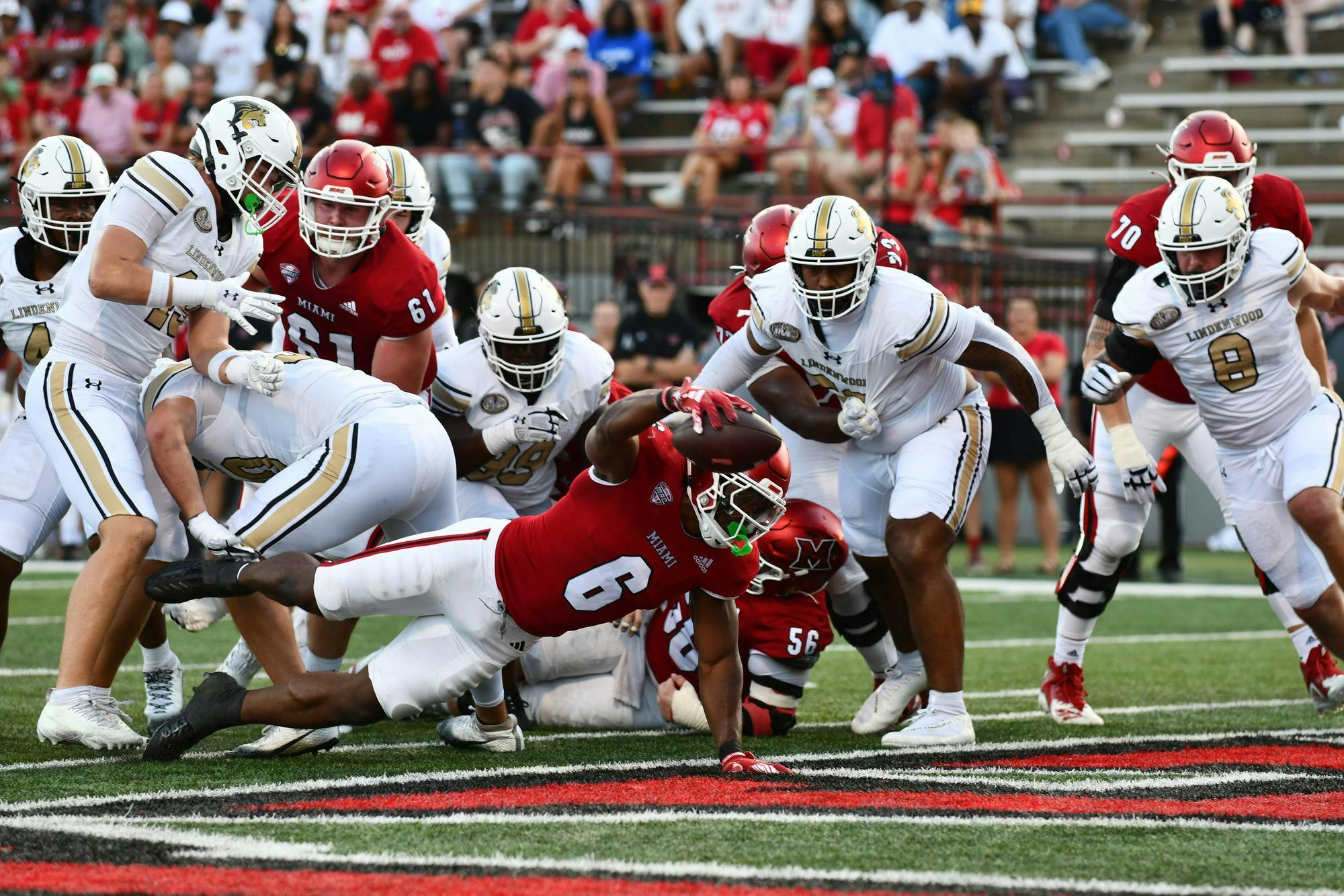 Redshirt senior running back Jordan Brunson reaches over the goal-line at Yager Stadium for a touchdown against Lindenwood on Sept. 27