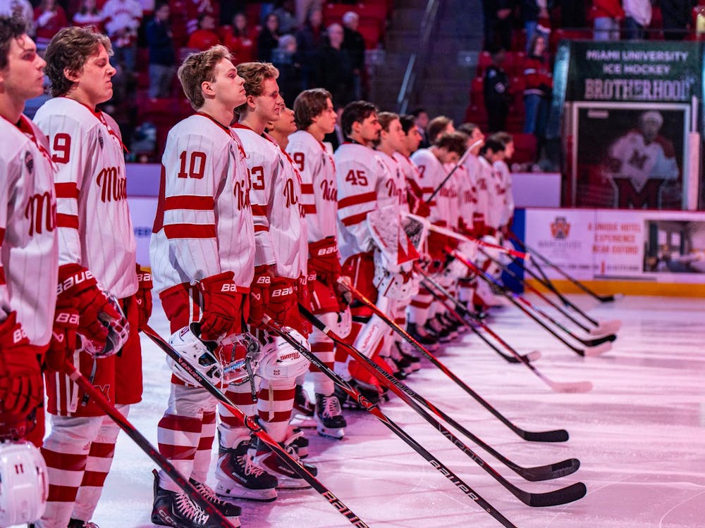 The Miami hockey team prepares for its matchup against Arizona State on Nov. 1 at Goggin Ice Center.
