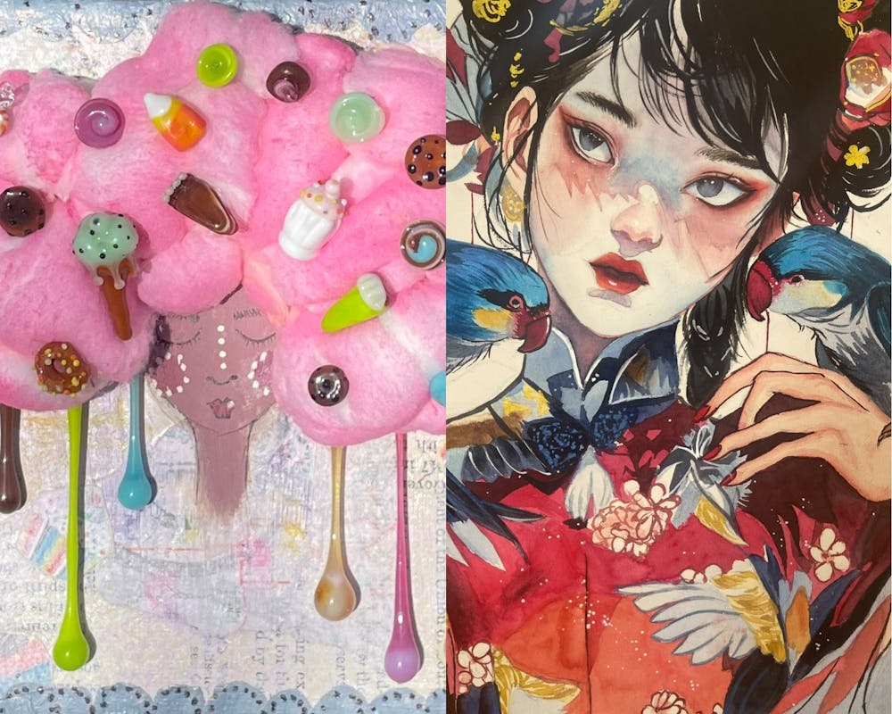 Examples of artwork made by two selected artists, Katy Abbott ("Marzipella;" left) and Melody Miao ("The Avian Muse;" right). Abbott often makes mixed media pieces, while Miao uses watercolor.