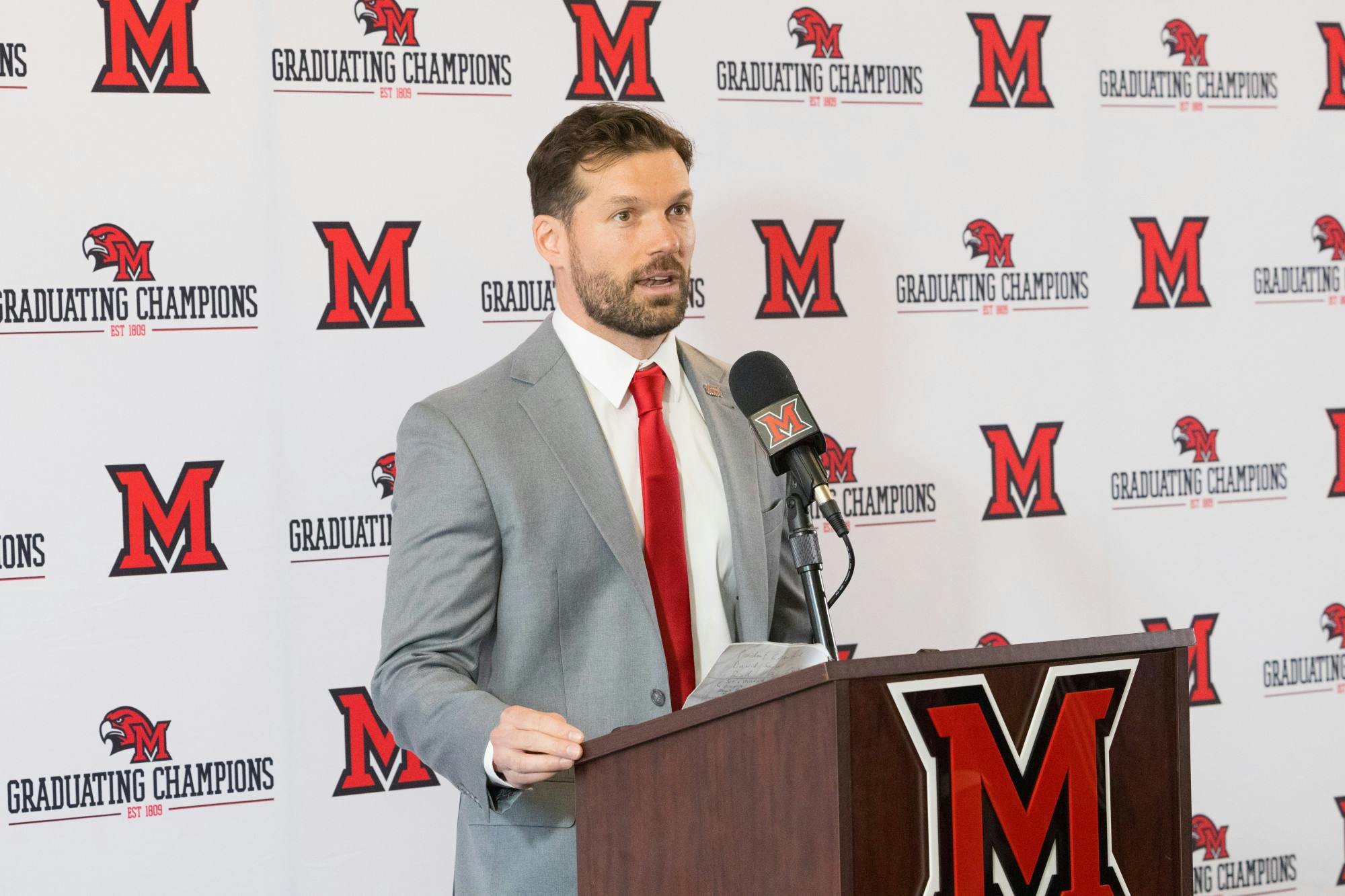 Noreen, the new face of the hockey program, speaks with conviction about his goals for Miami at a press conference