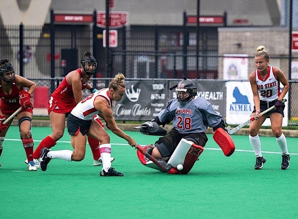 Isabele Perese, goalkeeper for Miami's field hockey team, feels supported as a female athlete but still sees areas for improvement within women's sports.