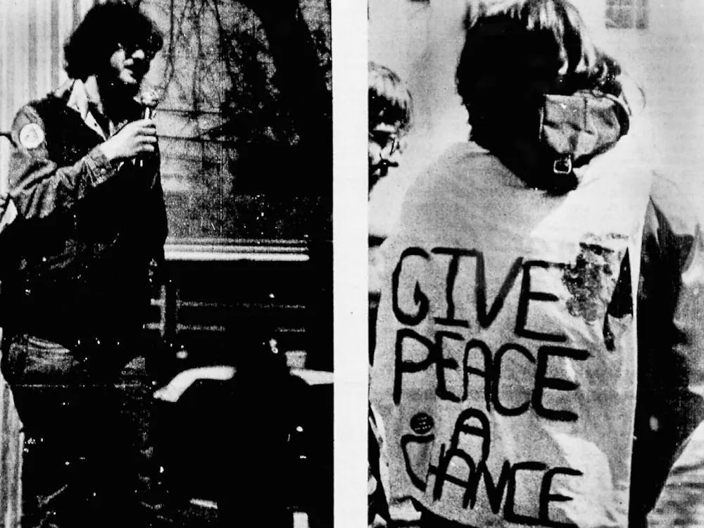 "No Registration, No Draft, No War" was the theme of the anti-draft rally held under the watertower March 4. Approximately 150 people listened to six speakers, including Mike Mendelvitz, left, sponsored by Citizens for Peace. Members of the group attended another rally March 22 in Washington, D.C.