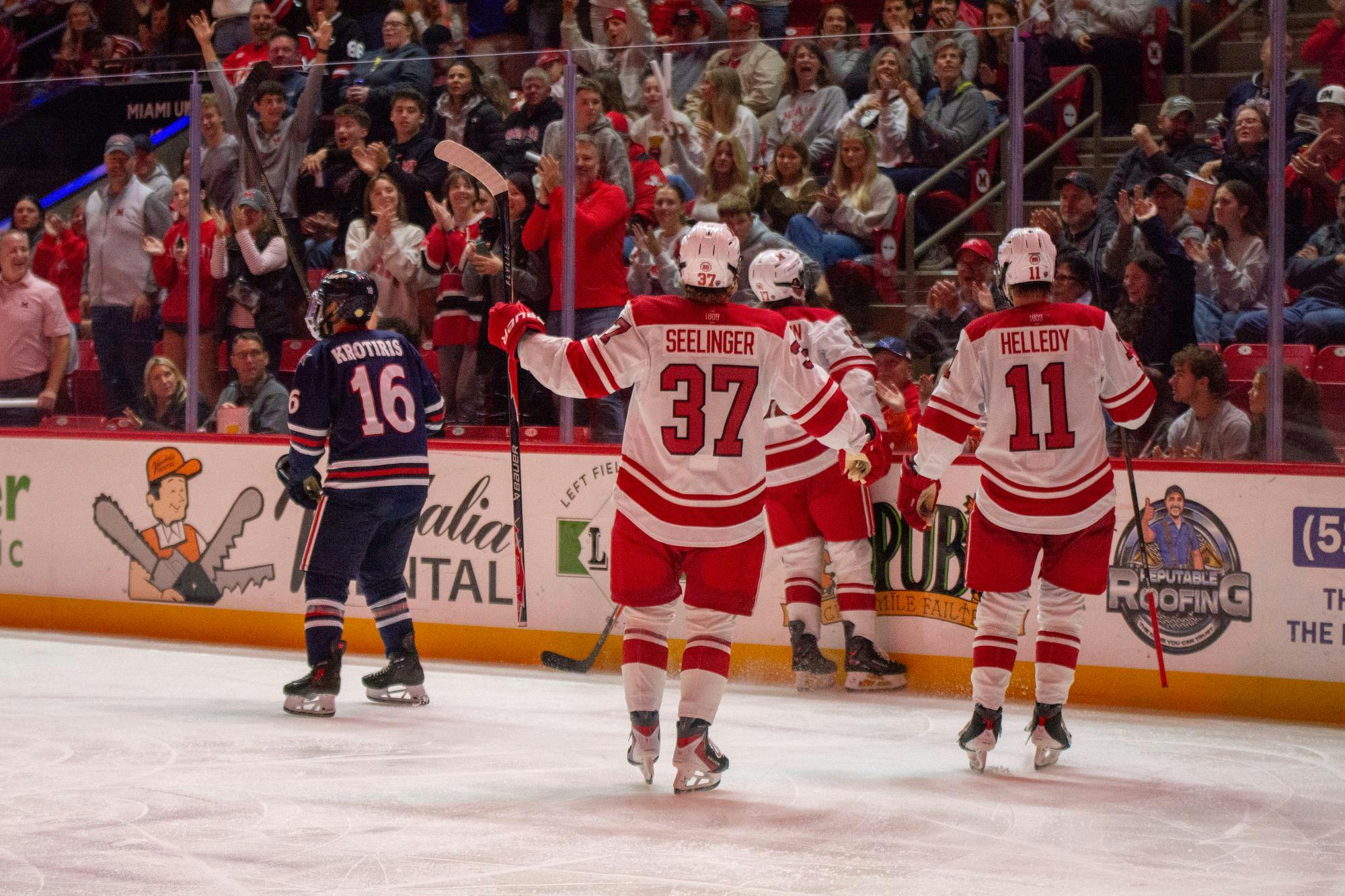 Miami players celebrate a goal during their game against Robert Morris on Oct. 15