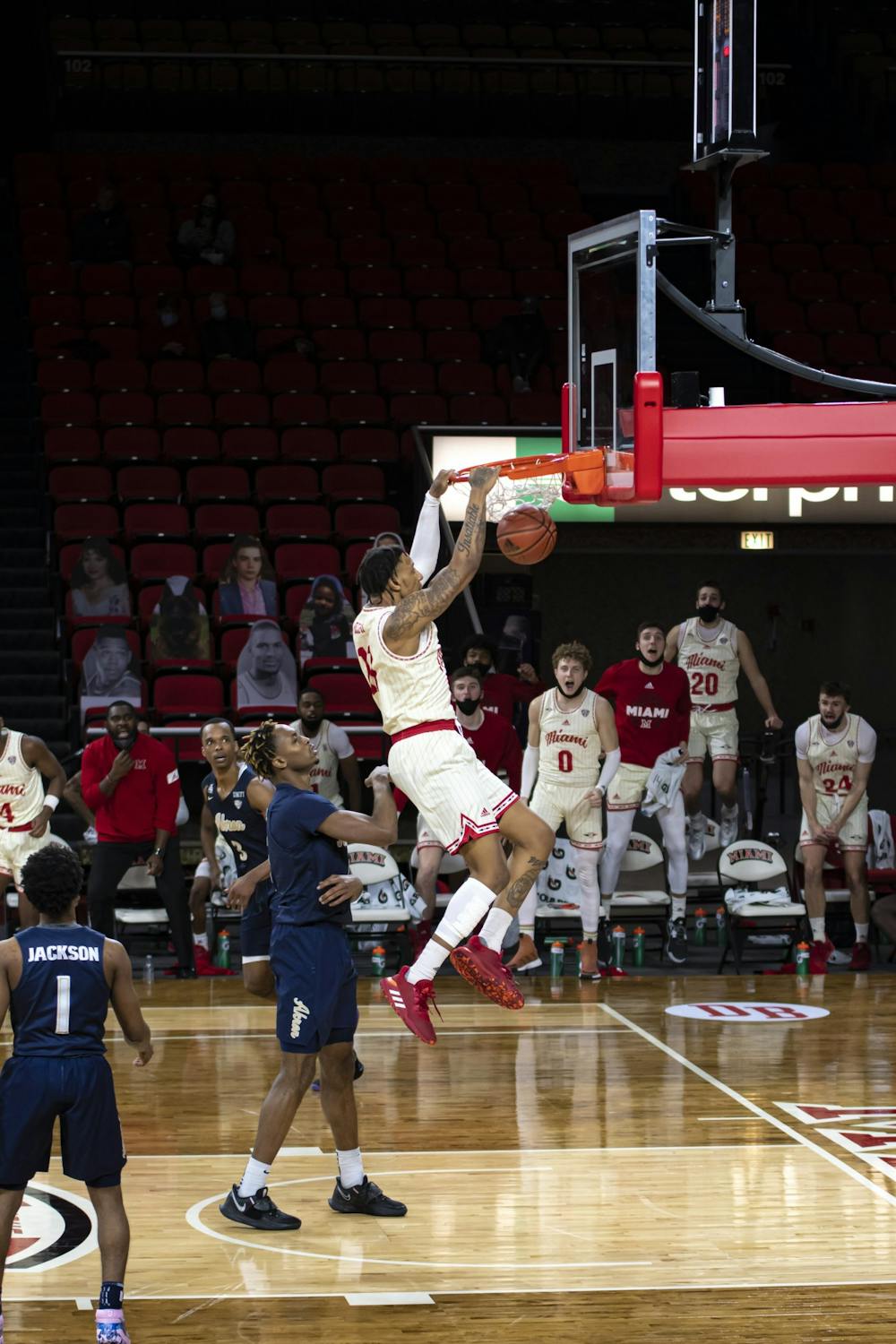 Redshirt junior forward James Beck dunks the ball during a loss against Akron on Feb 12.