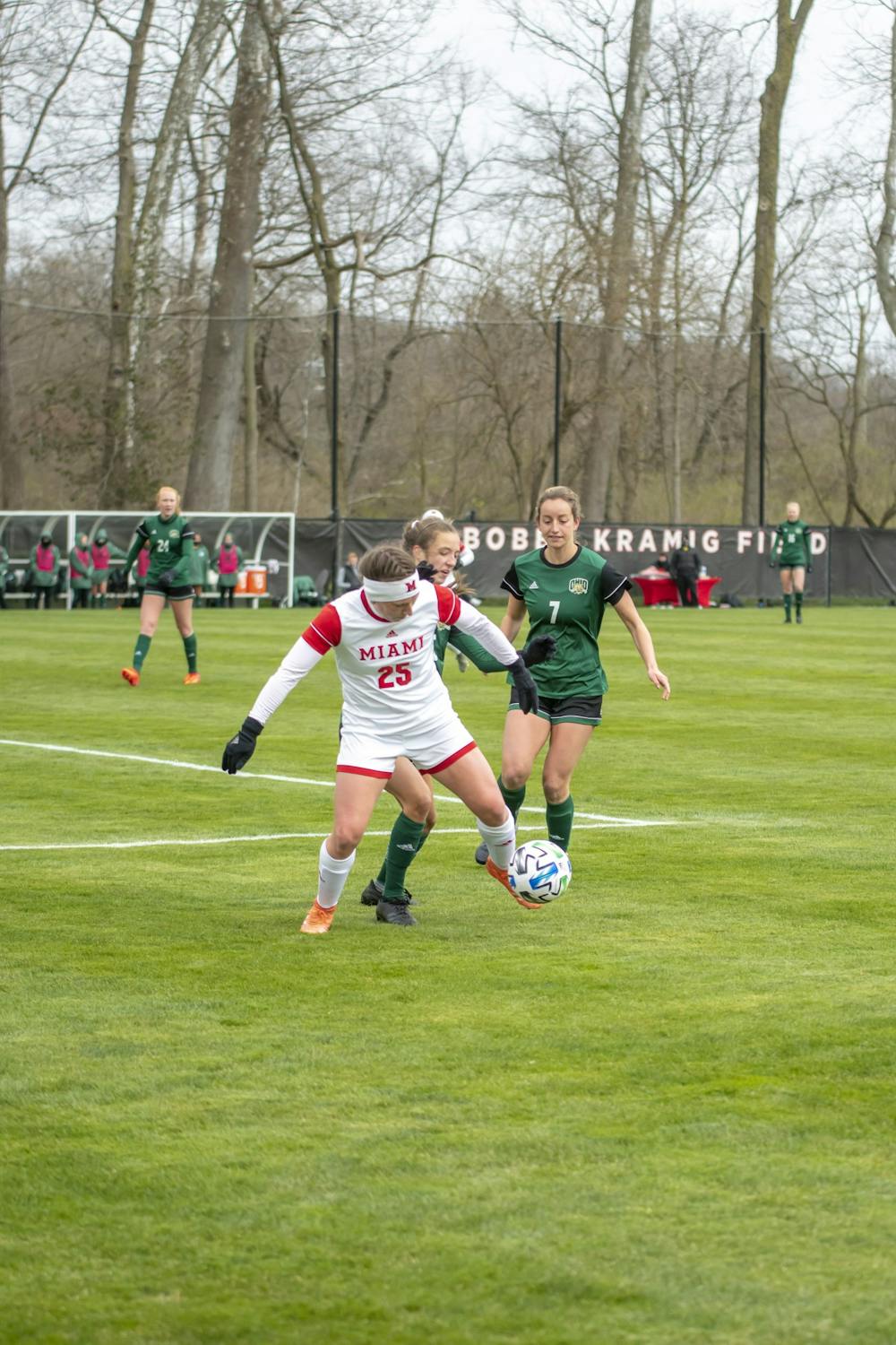 Then-Junior forward Christina DeMarco controls the ball in an April 1 matchup vs. Ohio University. The senior scored the winning goal in Miami's 2-1 win over Western Michigan on Senior Day.