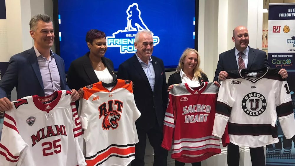 Pat Leahy '01 (far left) represented Miami University hockey at the Friendship Four tournament announcement in Massachusetts 