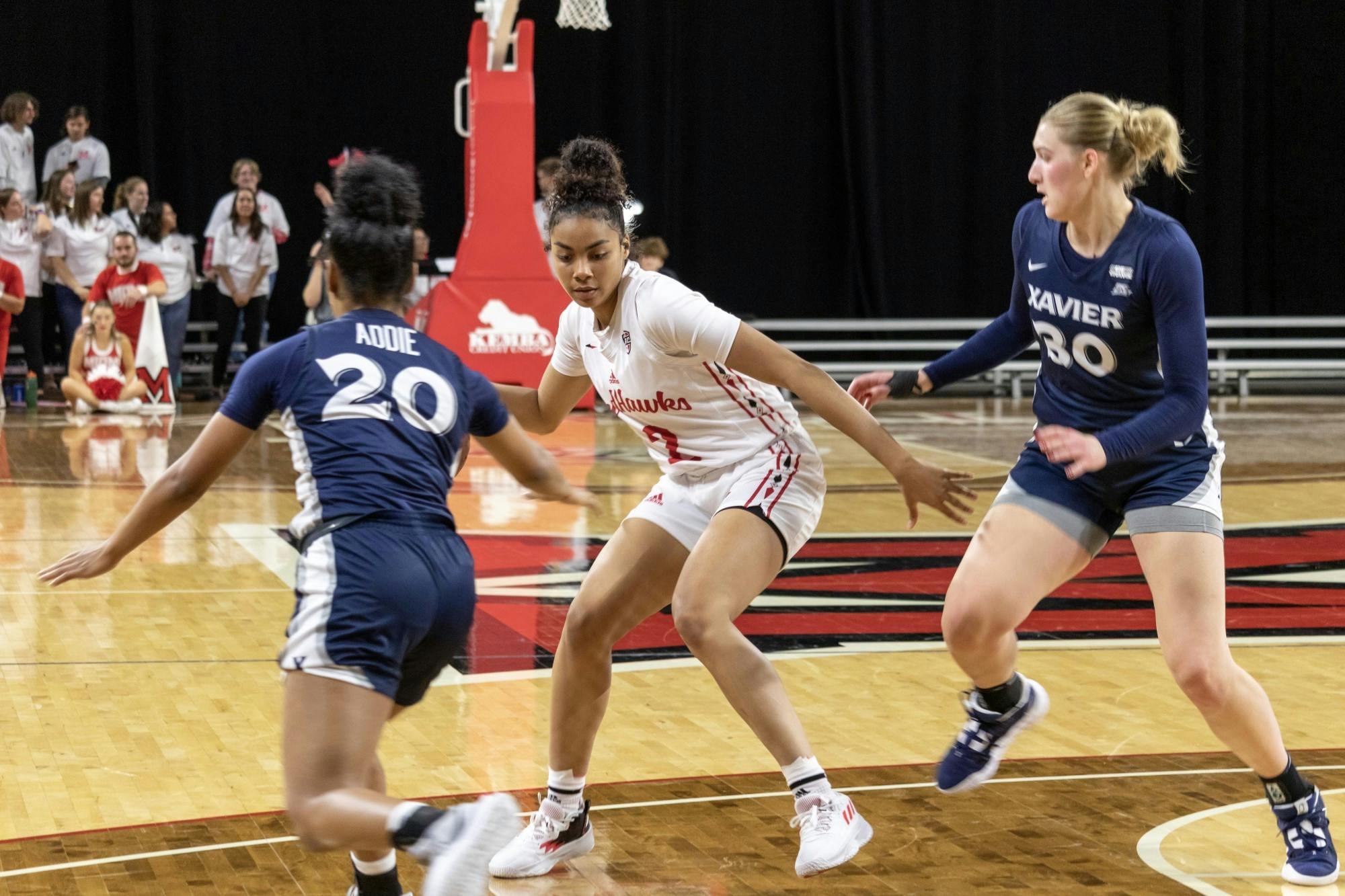 Sierra Morrow backs down a Xavier Muskateer in the RedHawks opening season loss﻿