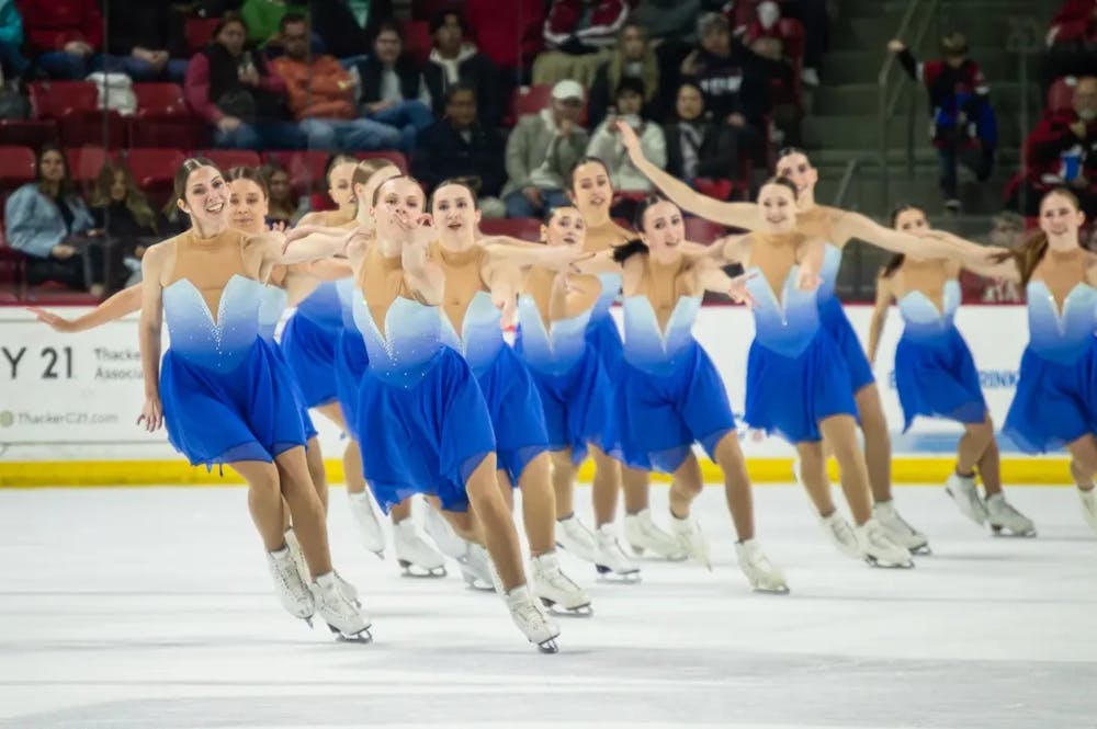 <p>Miami skaters performing at intermission during a hockey game against Minnesota Duluth on Nov. 15</p>