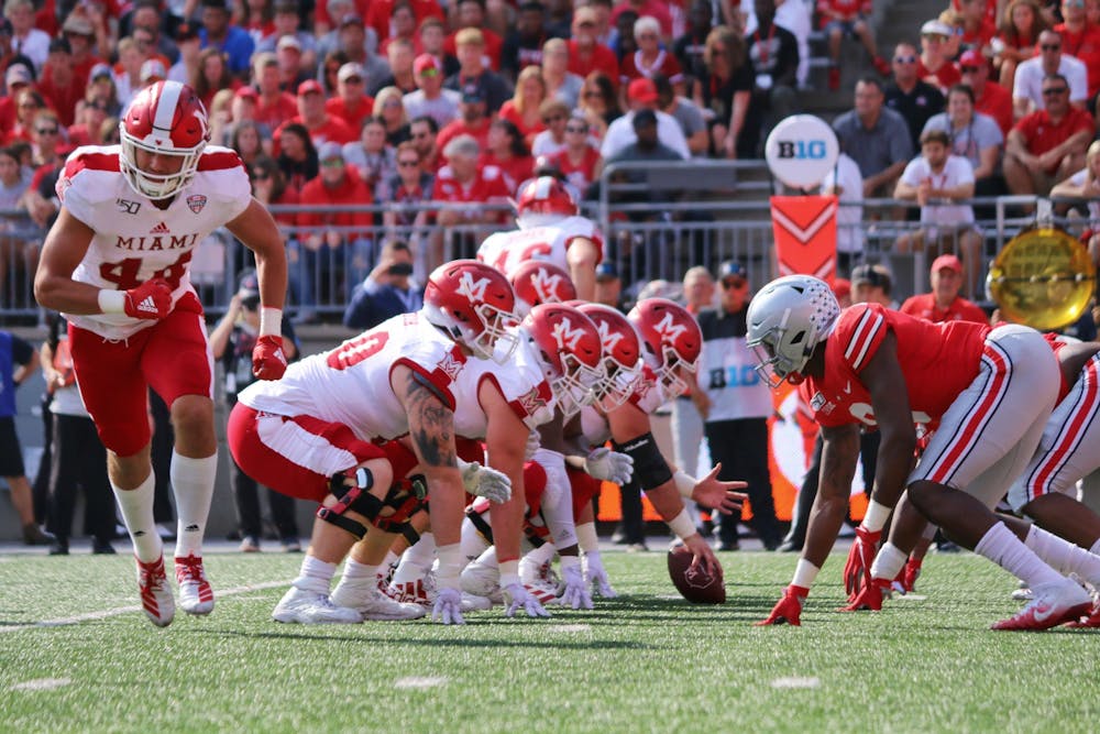 <p>Redshirt junior tight end Andrew Homer (No. 44) goes in motion during Miami&#x27;s 76-5 loss to Ohio State Sept. 21 at Ohio Stadium. Redshirt senior running back Maurice Thomas and senior defensive lineman Doug Costin each said Miami&#x27;s 2019 season turning point came in the week that followed the defeat.</p>