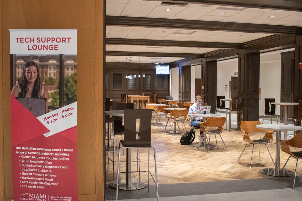 <p>A student sits in the Tech Support Lounge, which replaced Cafe Lux at the beginning of the year.</p>