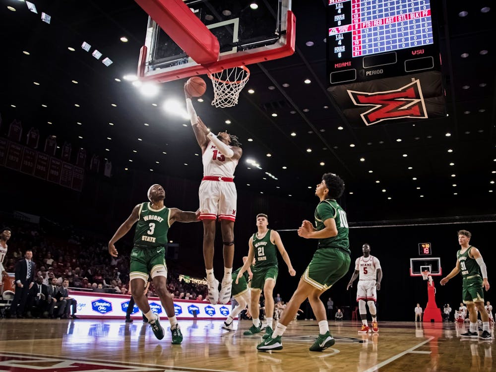 Dalonte Brown attempts a layup against Wright State on Nov. 11 at Millett Hall. Brown scored 14 points in Miami&#x27;s 88-81 loss. 