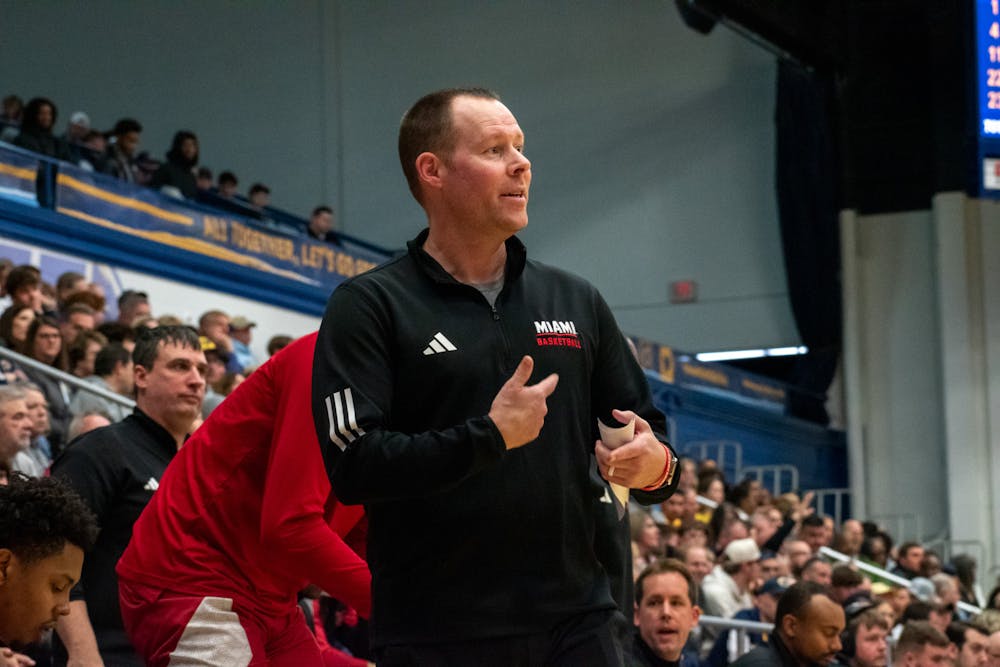 Miami head coach Travis Steele on the sidelines at Kent State on Jan. 18