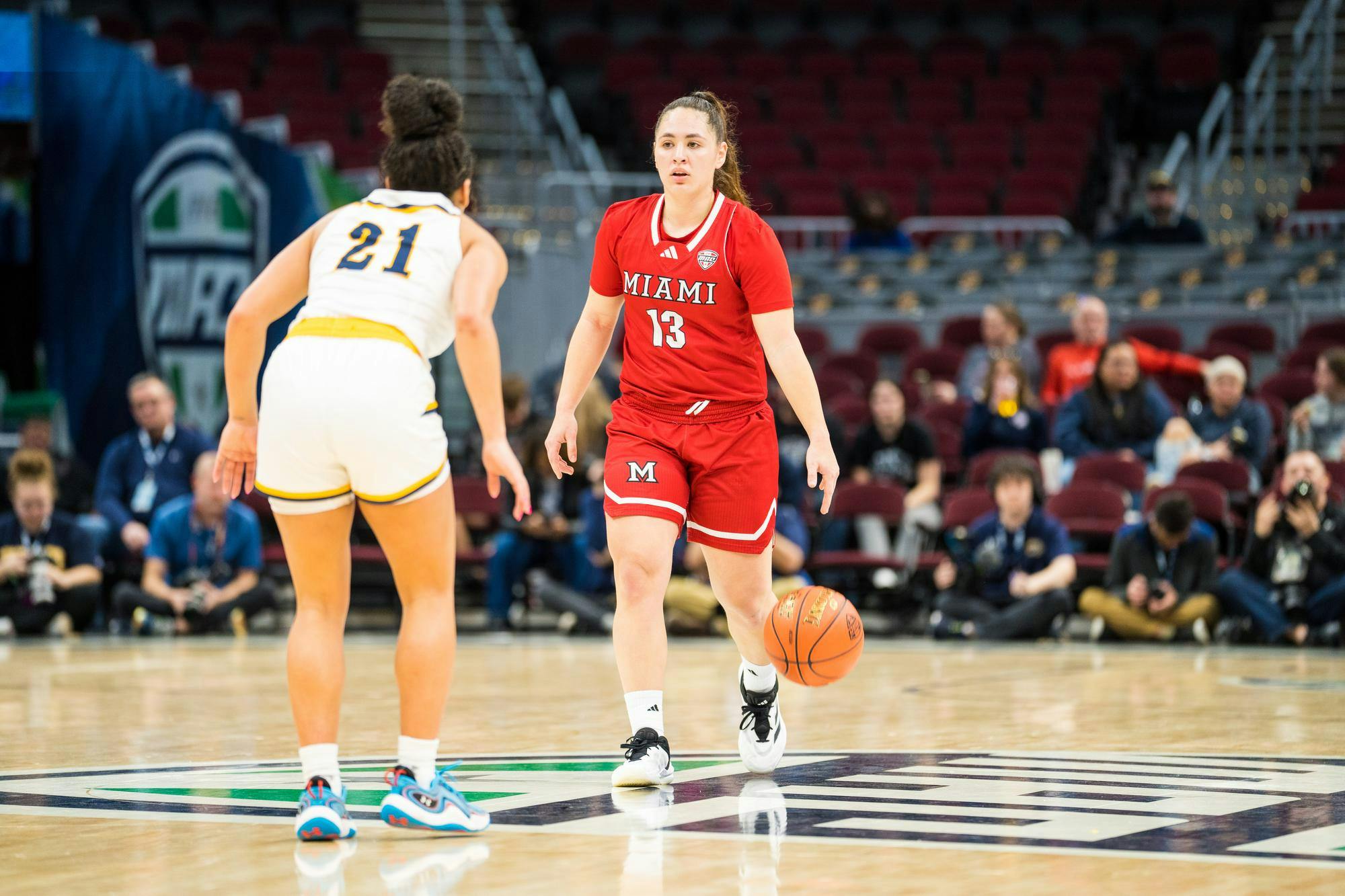 Sophomore guard Tamar Singer dribbles against Kent State during last season's MAC tournament at Rocket Mortgage Arena