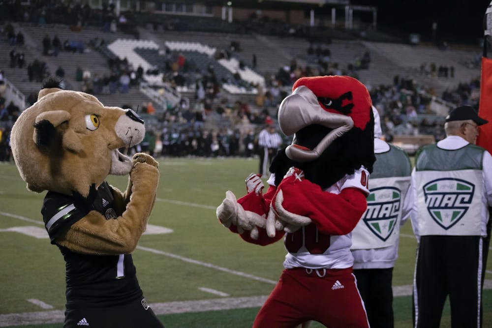 Swoop the RedHawk and Rufus the Bobcat got heated during Miami's Nov. 2 matchup vs. Ohio University.