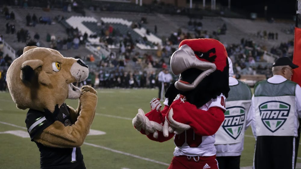 Swoop the RedHawk and Rufus the Bobcat got heated during Miami's Nov. 2 matchup vs. Ohio University.