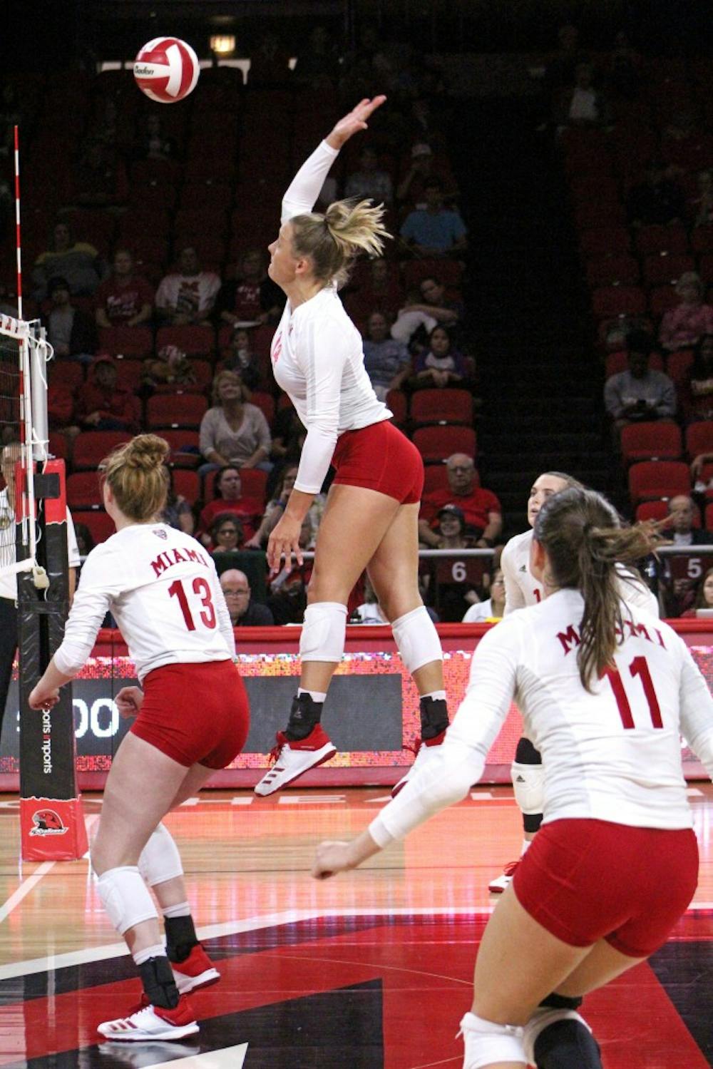 Junior right side Sarah Wojick hits a ball last weekend. In two games, she put down 11 kills and added six digs.
