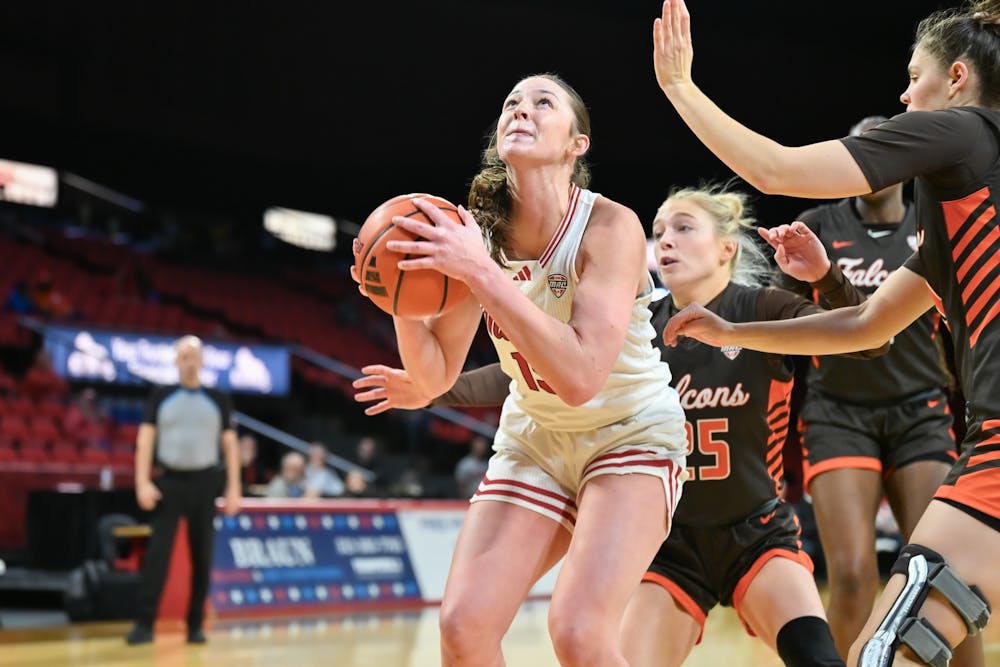 Sophomore forward Amber Tretter in the paint against Bowling Green at Millett Hall on Jan. 11