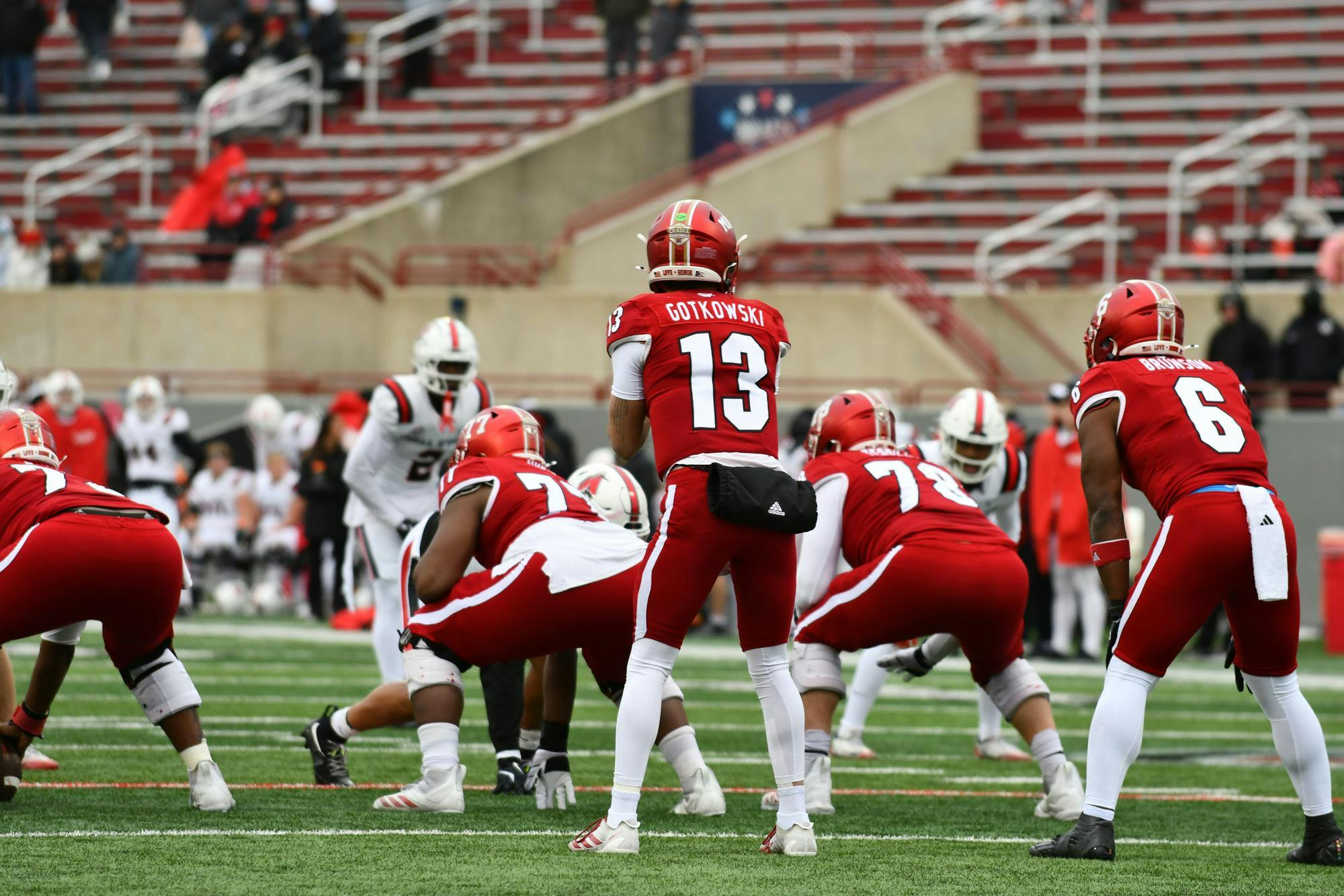 Redshirt freshman quarterback Thomas Gotkowski prepares for a snap against Ball State at Yager Stadium on Nov. 29