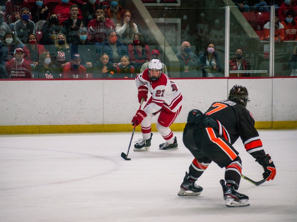 Sophomore defenseman Dylan Moulton controls the puck in Miami&#x27;s Oct. 22 tie vs. Bowling Green