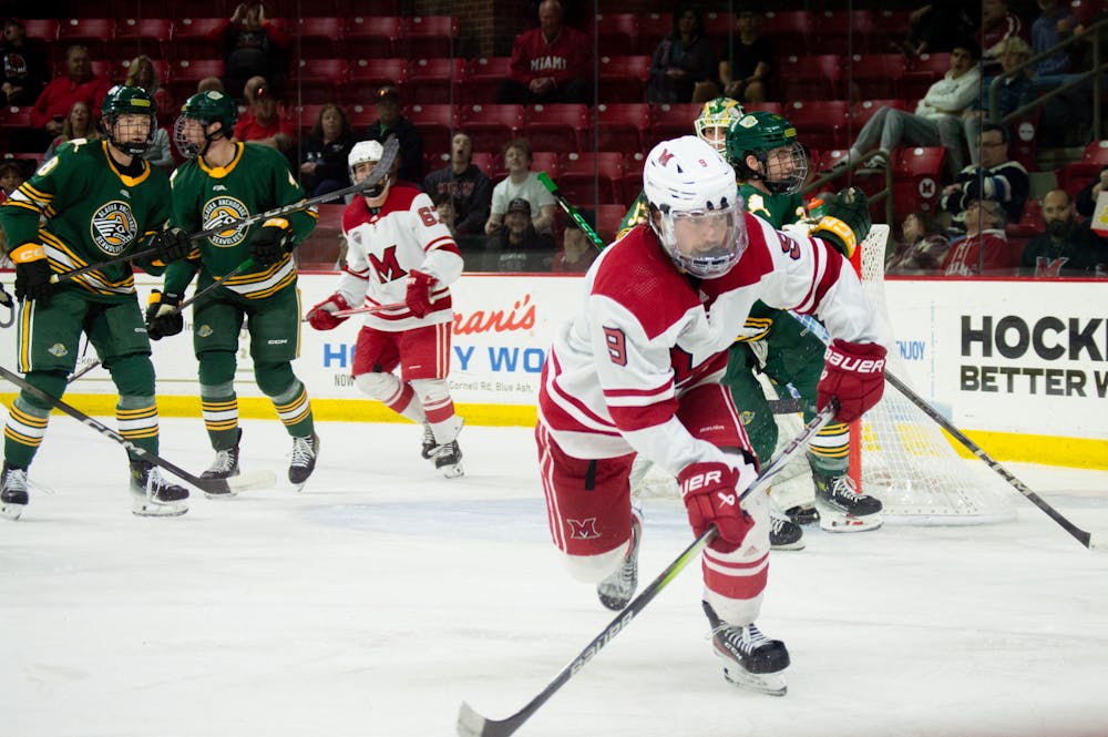 Matt Choupani skating after the puck on Oct. 11 against Alaska Anchorage