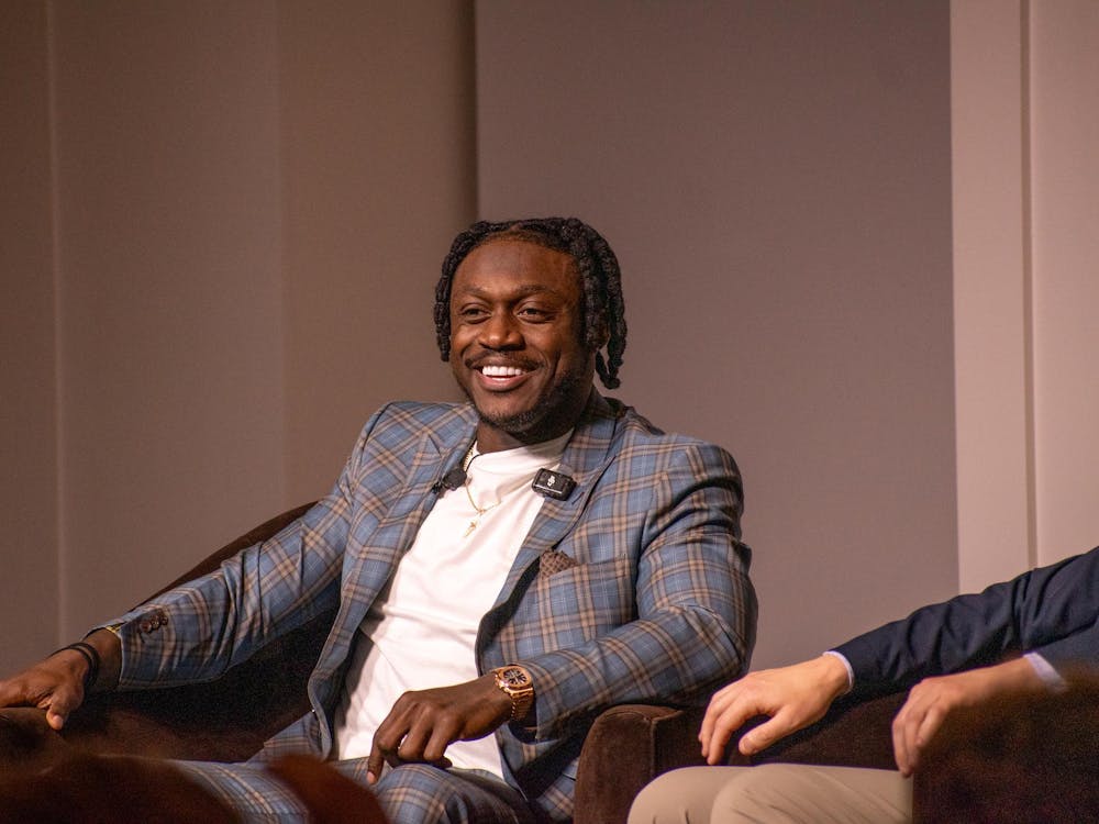 AJ Brown smiles at the crowd in the Donald W. Fritz Pavilion on April 7