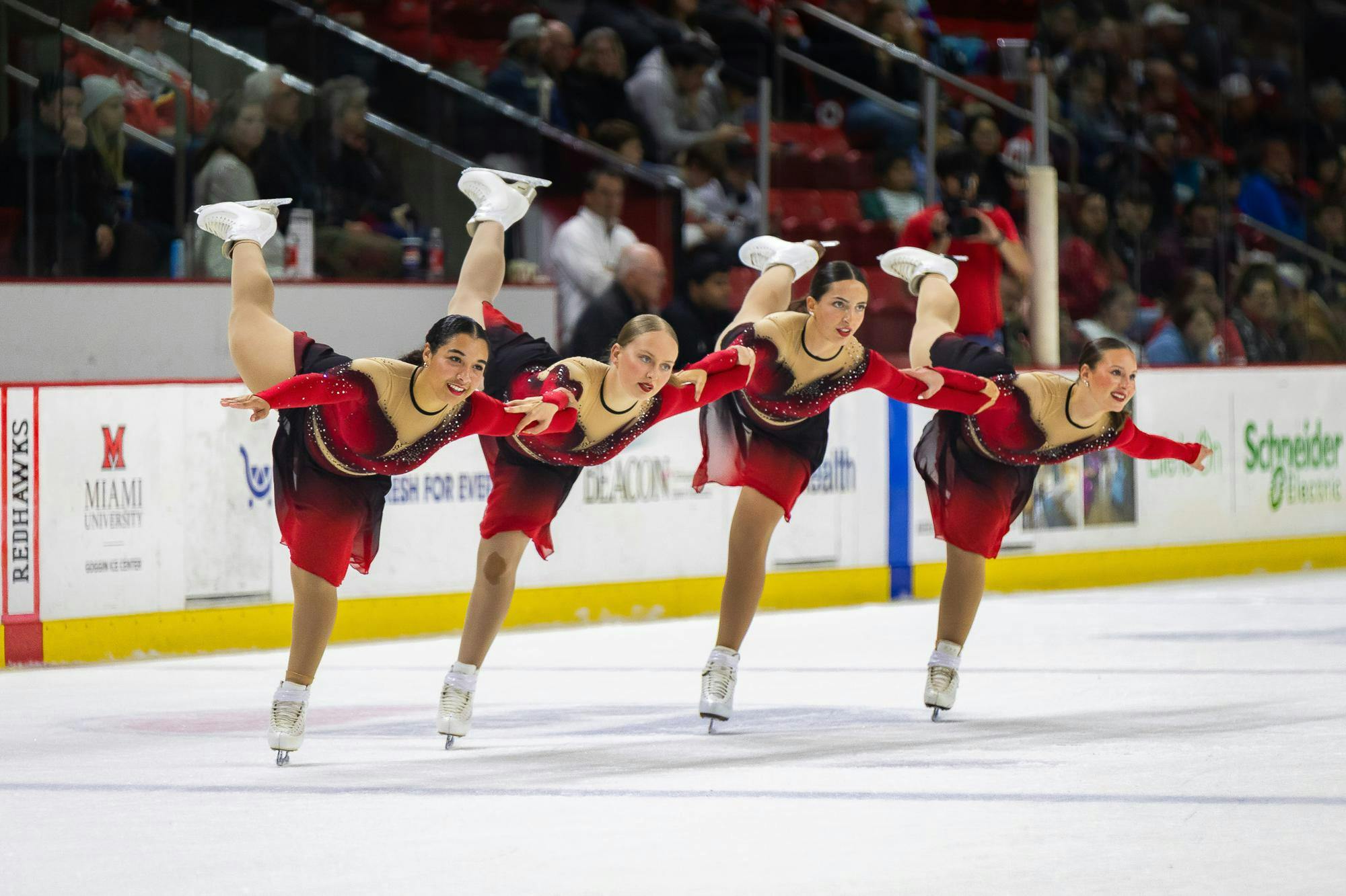 Miami synchronized skating performs during intermission at the hockey game against Arizona State on Oct. 31 at Goggin Ice Center