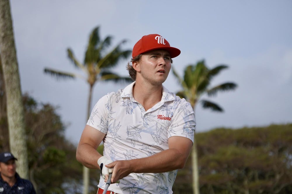 <p>Miami University senior Cameron Pero tracks his shot at John A. Burns Intercollegiate.</p>