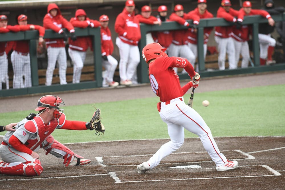Senior infielder Dominic Krupinski swings at a pitch in game against the University of Dayton Flyers on March 18. 