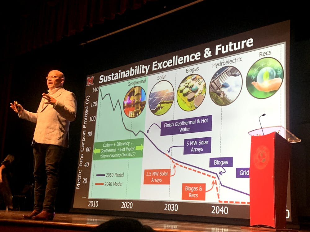 <p>Miami University President Greg Cr﻿awford displayed graphs that outlined the steps Miami will take towards carbon neutrality. </p>