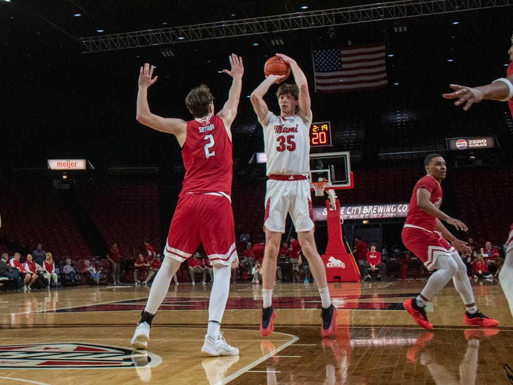 Sophomore center Reece Potter taking a shot against Northern Illinois at Millett Hall on Feb. 25