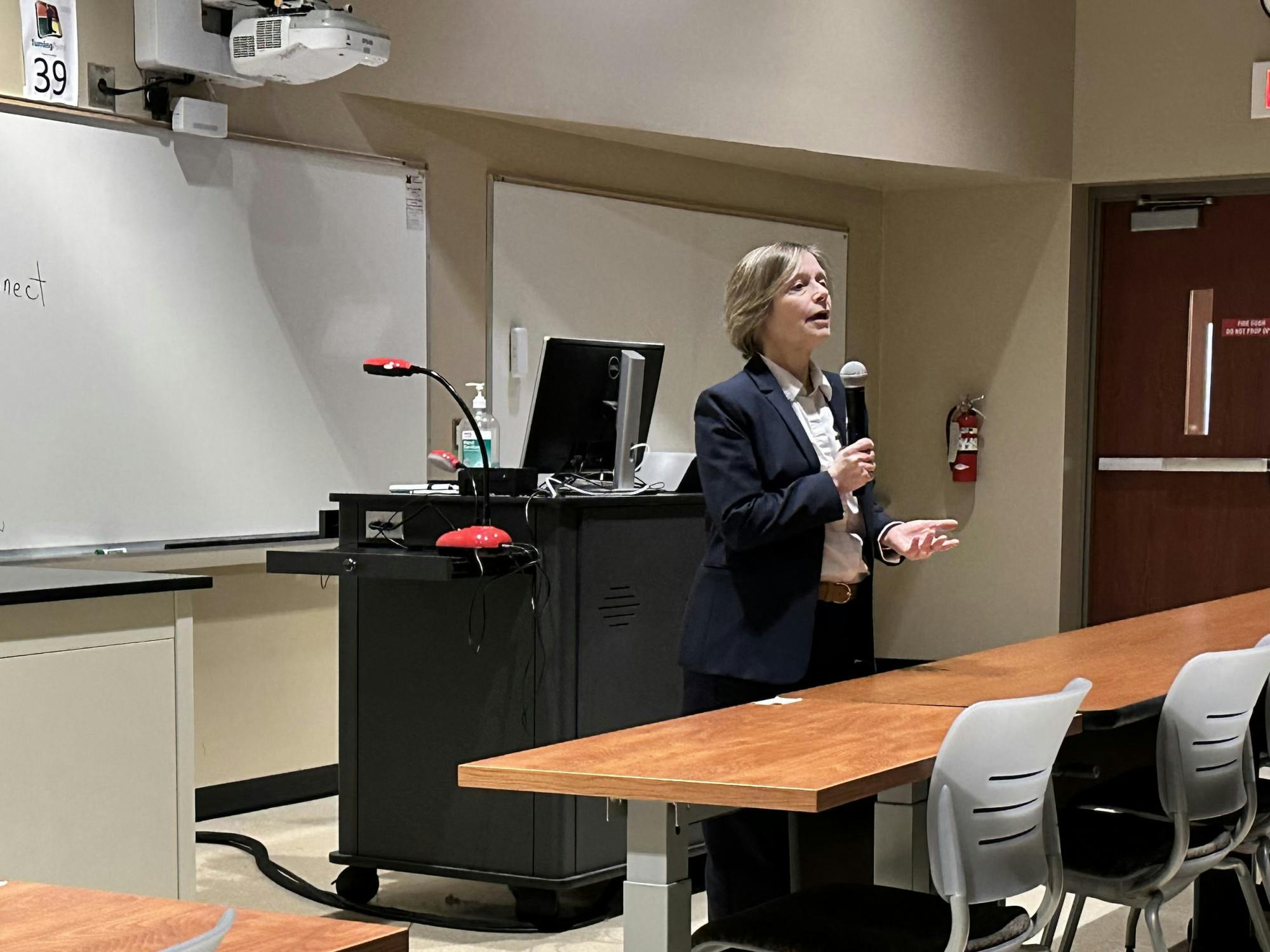 Baernstein speaks at her open forum on Feb. 6.