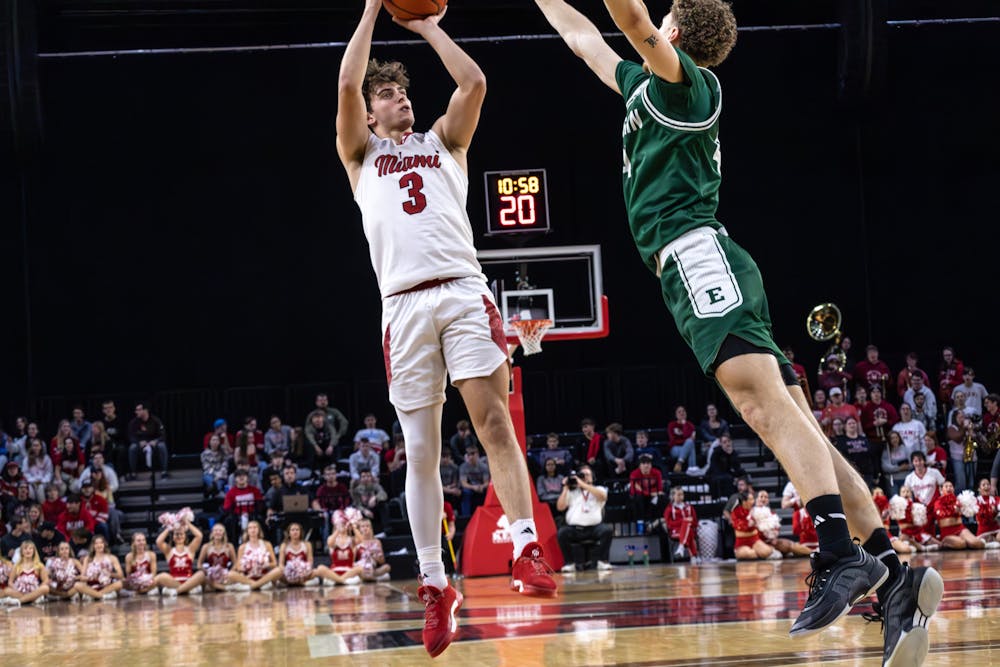 First-year guard Luke Skaljac taking a shot against Eastern Michigan on Jan. 28 at Millett Hall