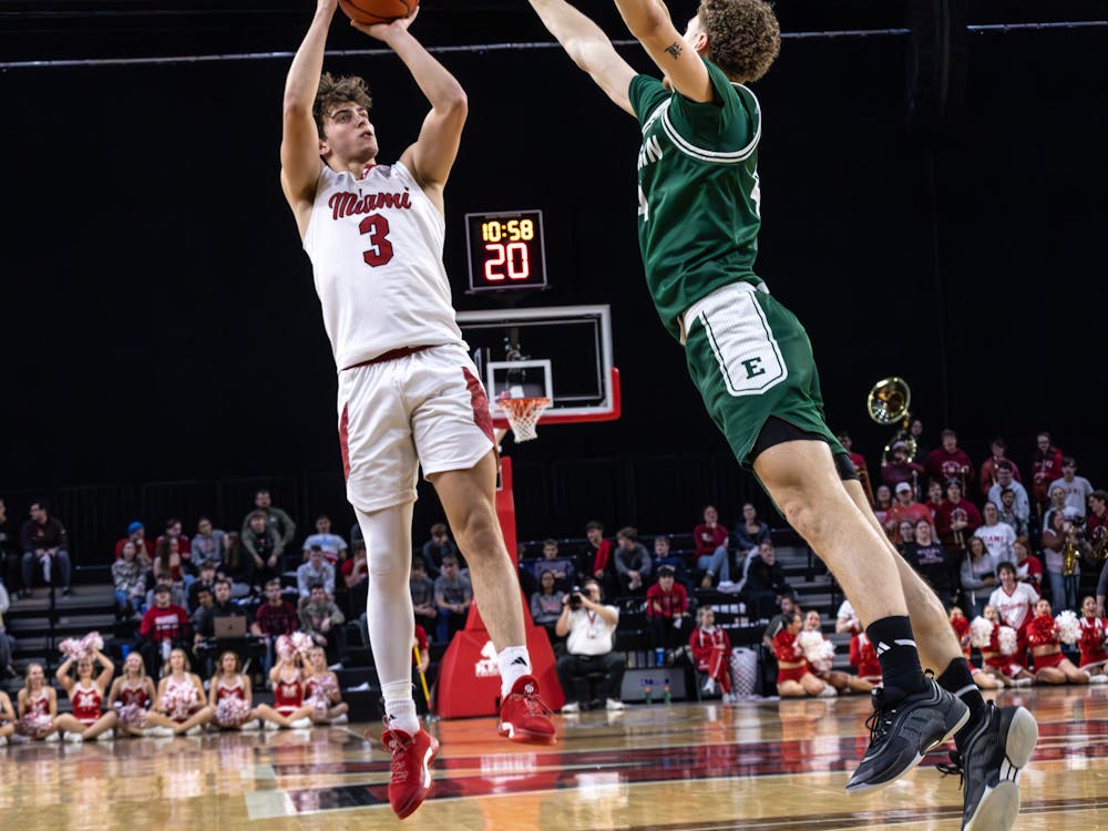 First-year guard Luke Skaljac taking a shot against Eastern Michigan on Jan. 28 at Millett Hall