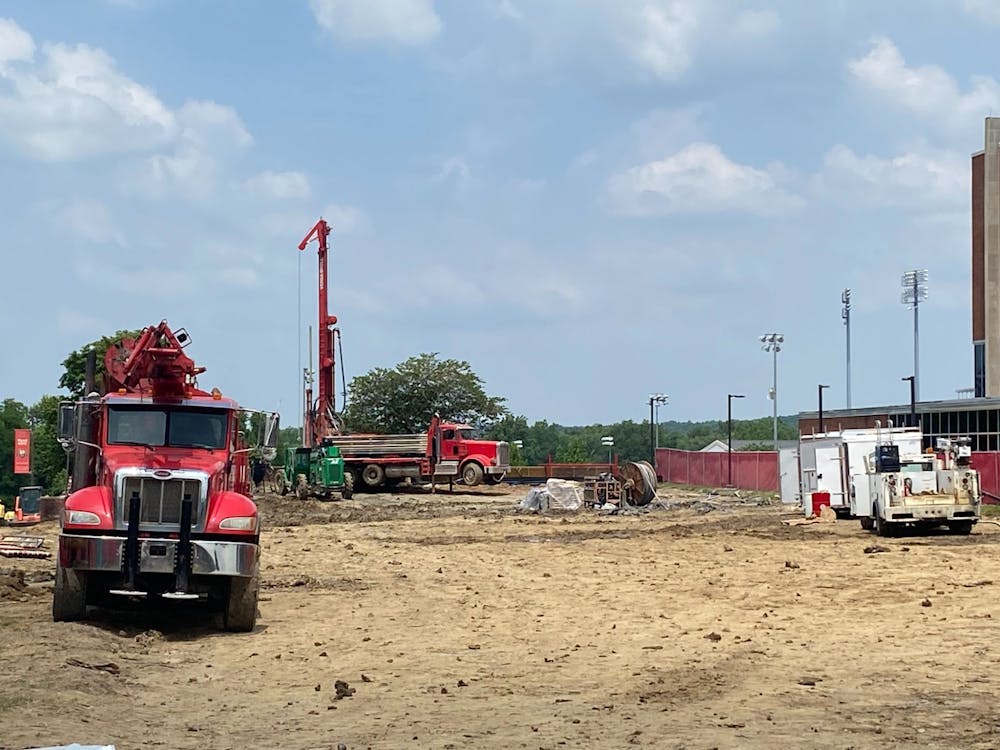 The Millett Hall lawn looks much different during the digging of geothermal wells.