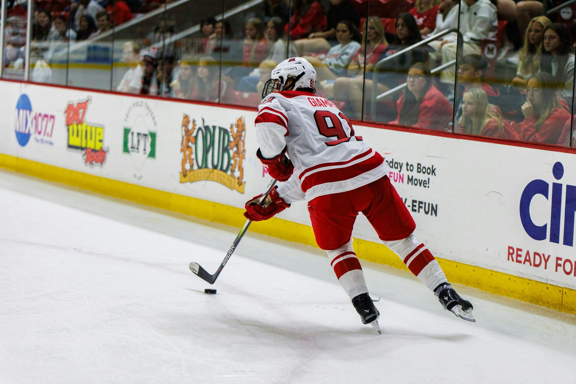 Junior forward Matteo Giampa skates against Ferris State University at Goggin Ice Center on October 4, 2025
