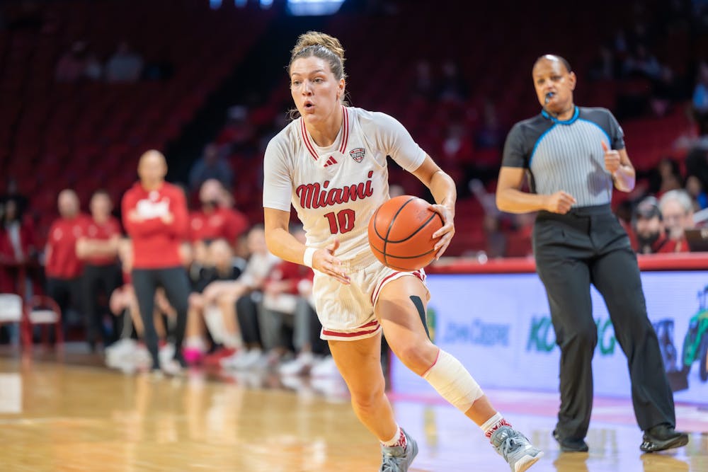 Graduate student guard Maya Chandler dribbling against the Ohio Bobcats at Millett Hall on Feb. 1