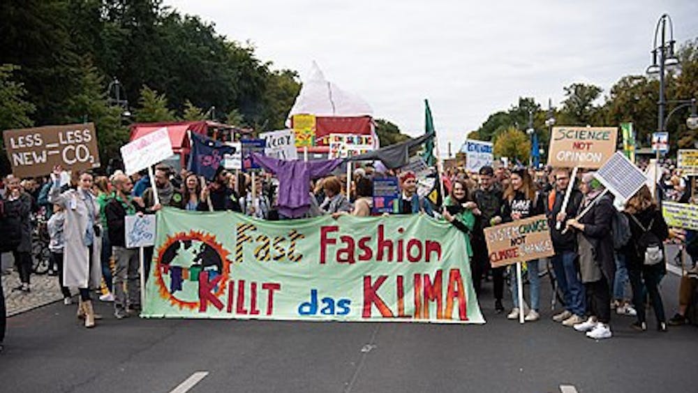 European protestors advocate against fast fashion’s effects on the environment.