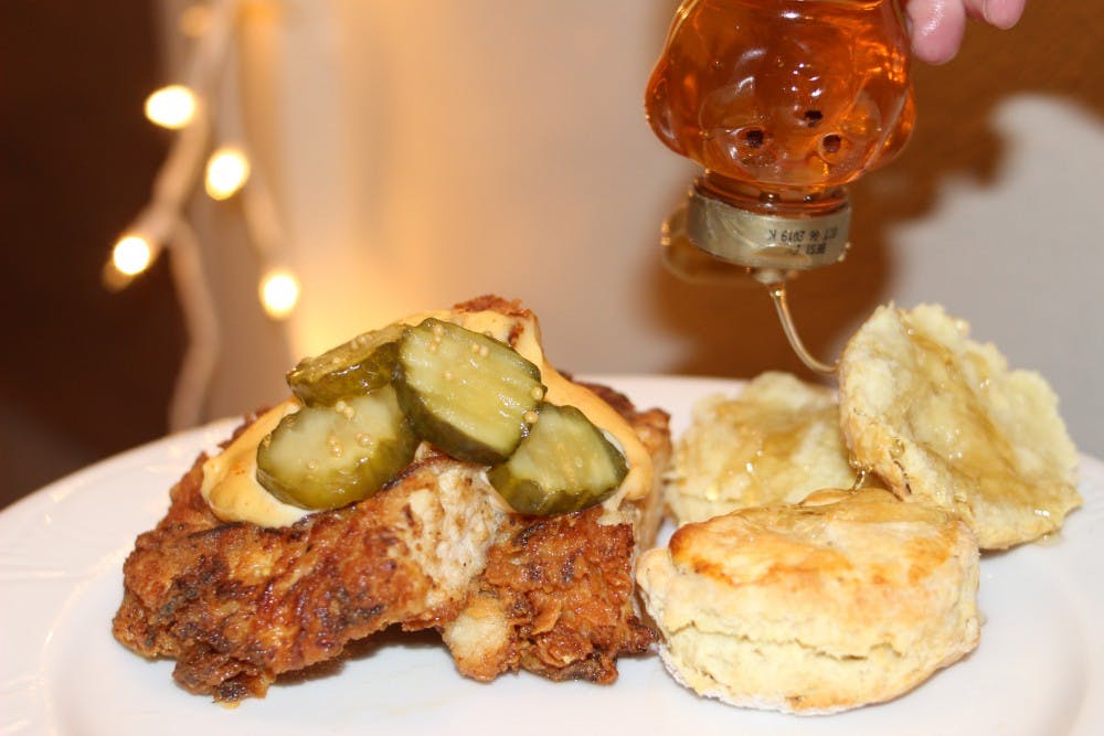 Serve your chicken with a couple warm biscuits on the side, drizzled with more honey and topped with bread & butter pickles.