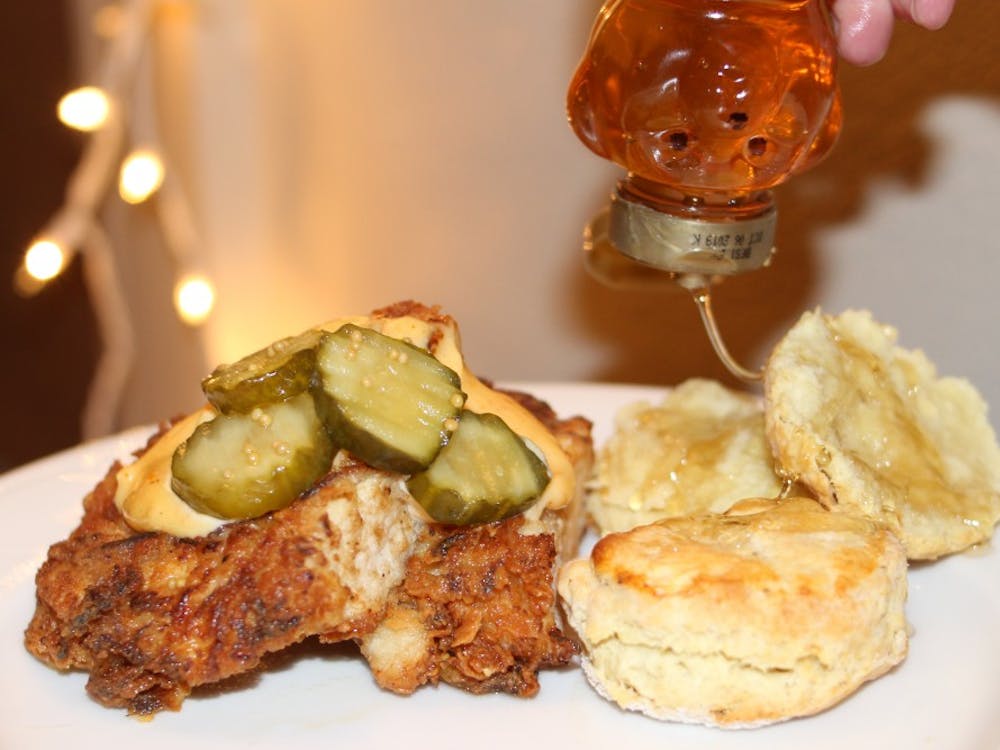 Serve your chicken with a couple warm biscuits on the side, drizzled with more honey and topped with bread & butter pickles.