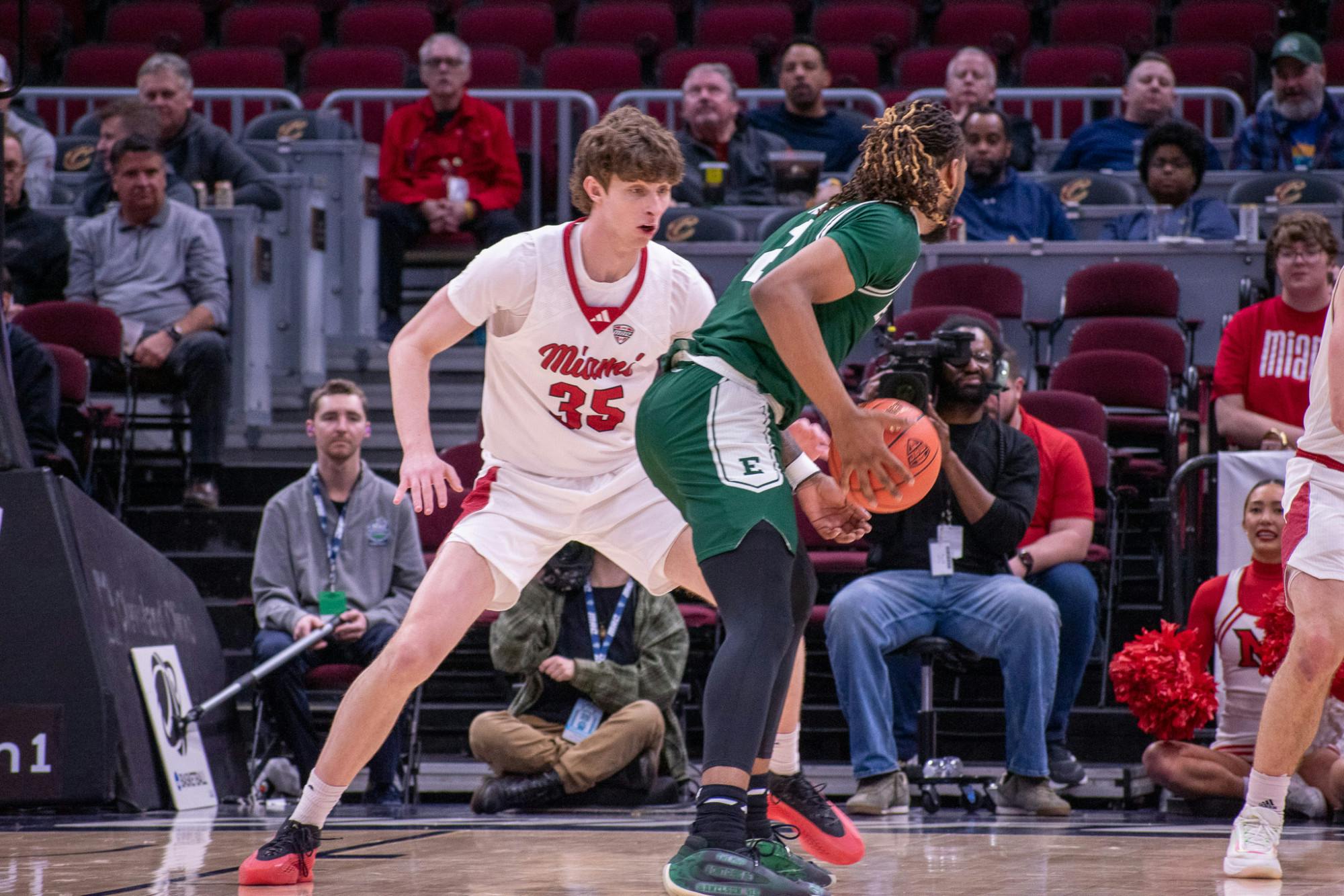 Sophomore center Reece Potter lines up against Eastern Michigan's DaSean Nelson at Rocket Mortgage Arena in Cleveland on March 13