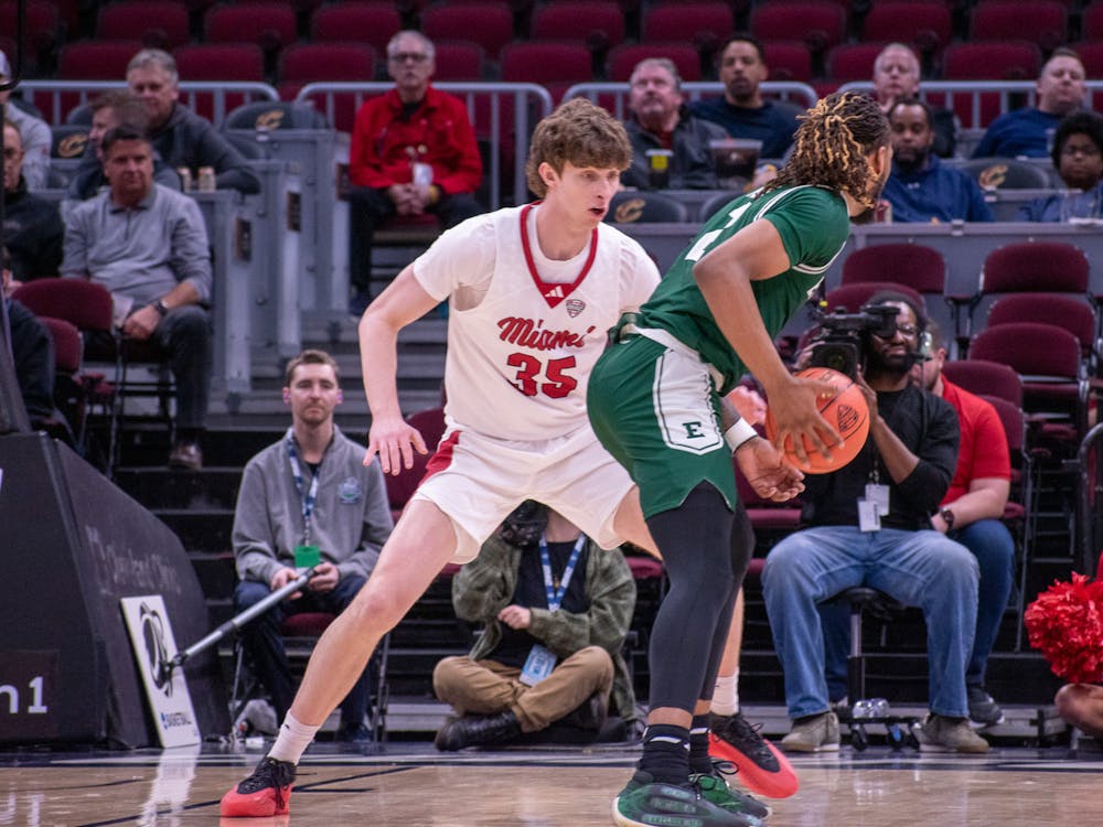 Sophomore center Reece Potter lines up against Eastern Michigan's DaSean Nelson at Rocket Mortgage Arena in Cleveland on March 13