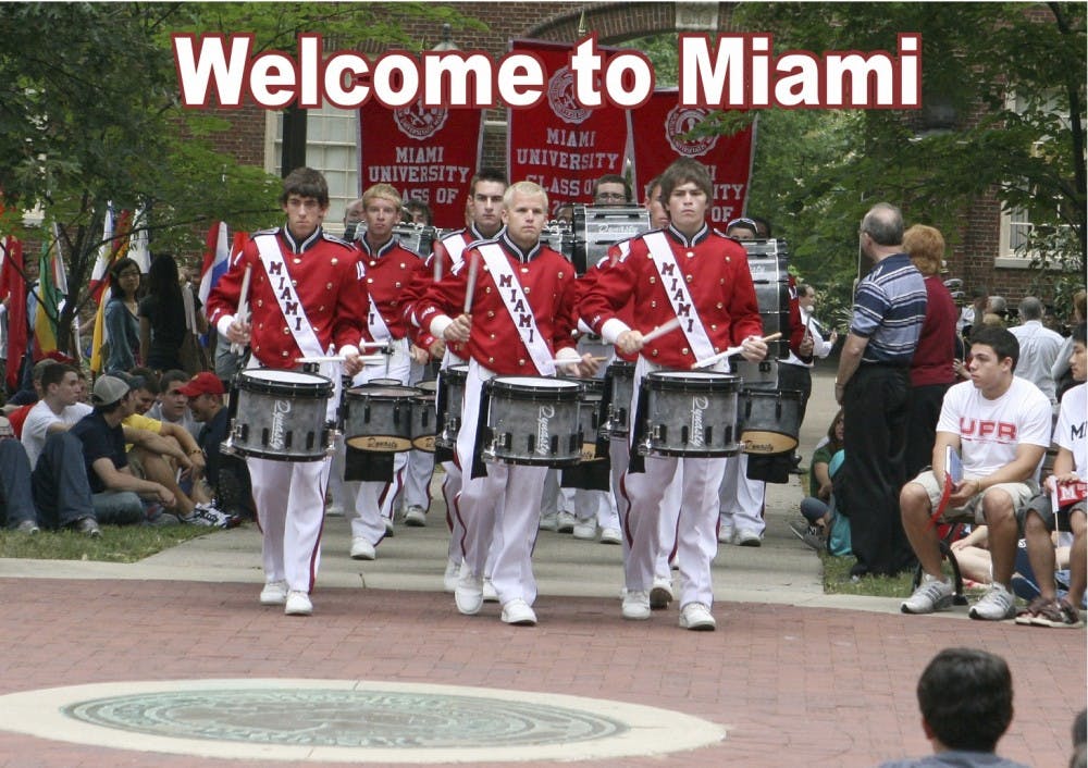 First-year students watch the Miami University Marching Band perform during the 2009 convocation ceremony at the Hub.