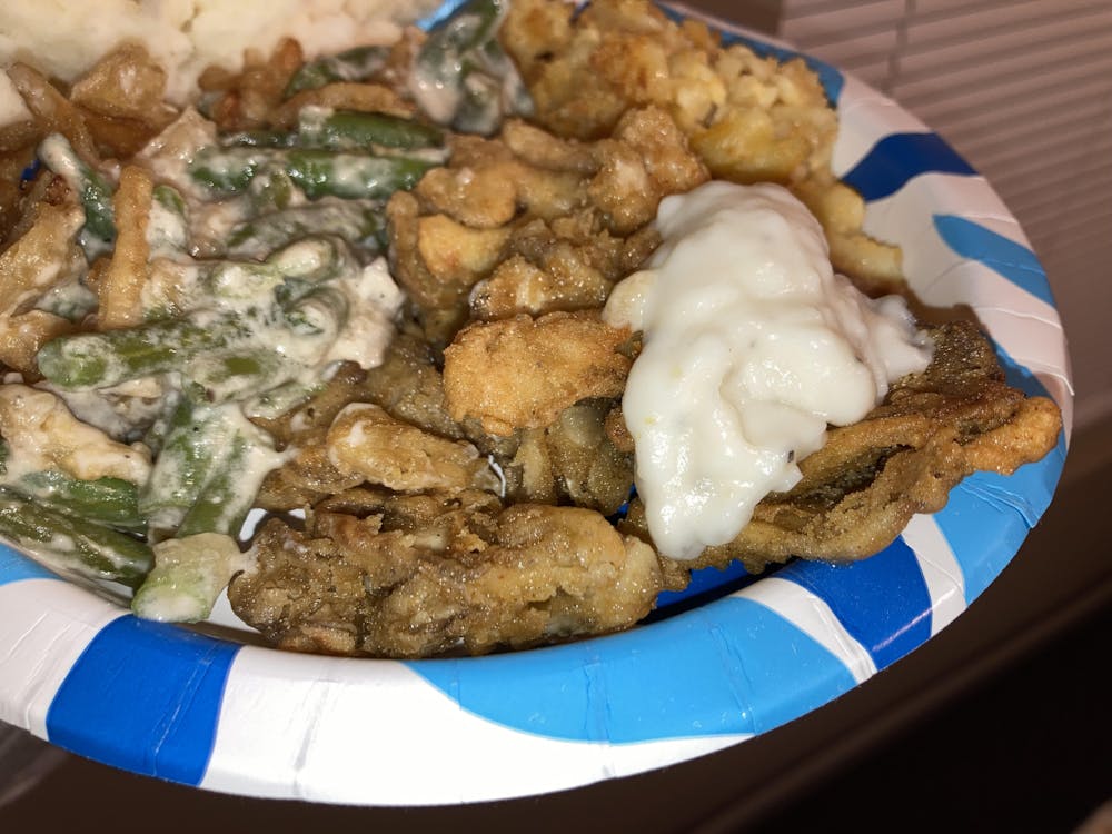 Featured front and center on Food editor Ames Radwan's plate at The Miami Student's Friendsgiving event, chicken-fried mushrooms are vegetarian, despite the name.