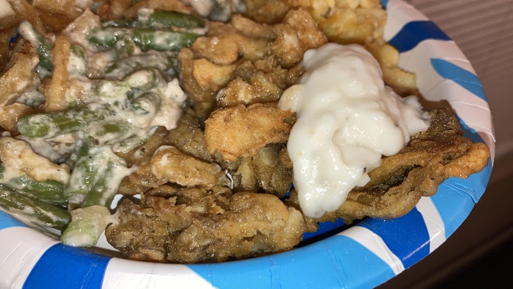 Featured front and center on Food editor Ames Radwan's plate at The Miami Student's Friendsgiving event, chicken-fried mushrooms are vegetarian, despite the name.