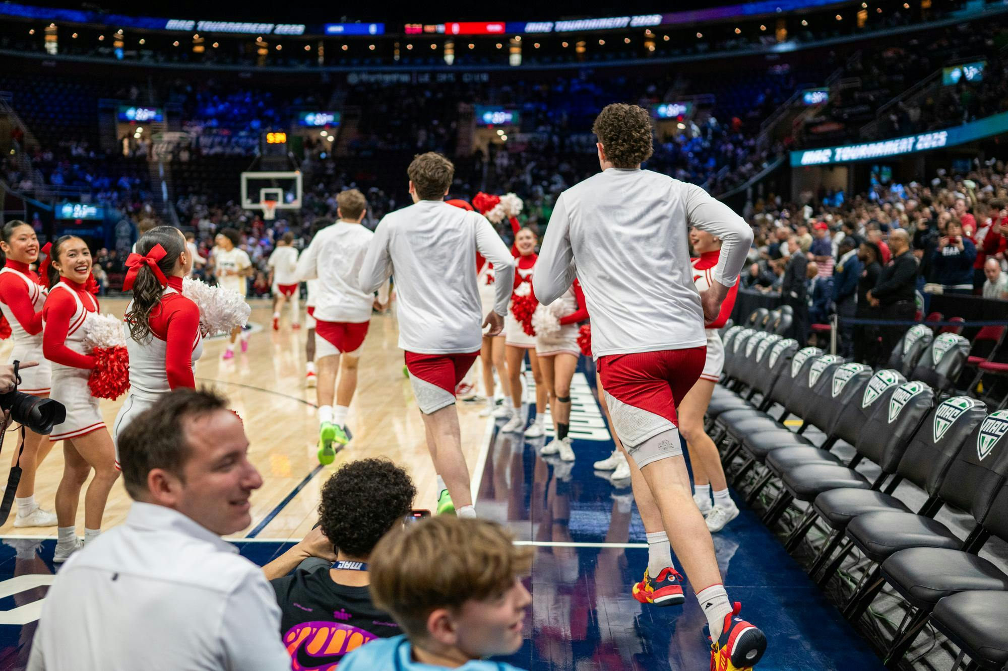 The RedHawks run out onto Rocket Mortgage Arena during the 2025 MAC tournament