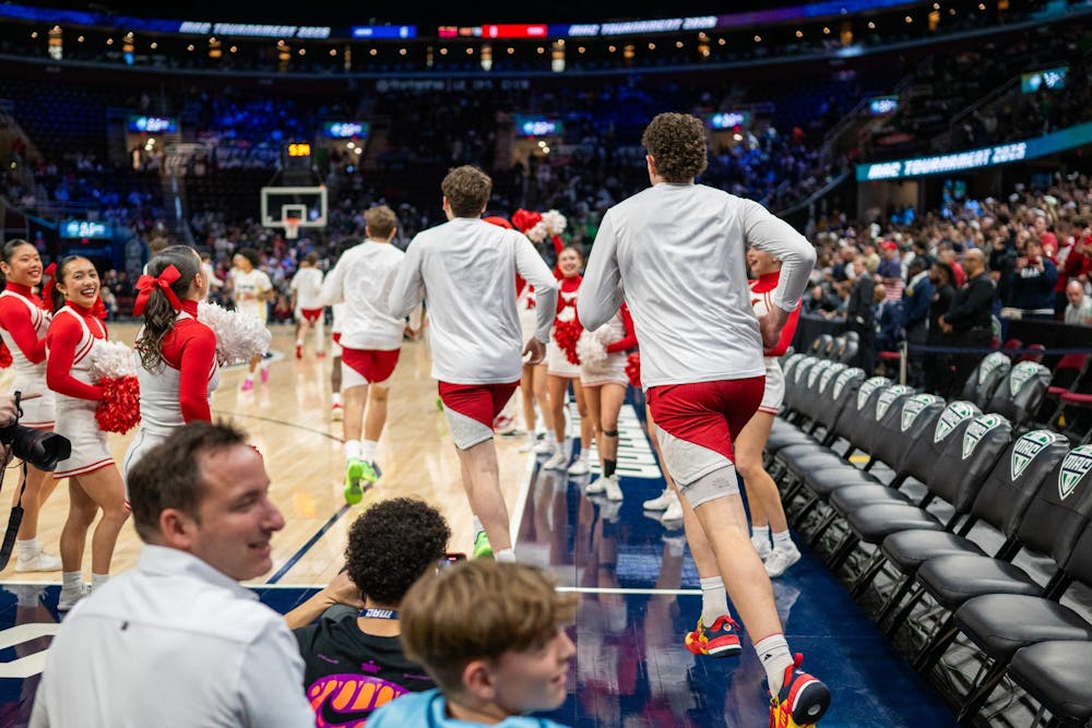 The RedHawks run out onto Rocket Mortgage Arena during the 2025 MAC tournament